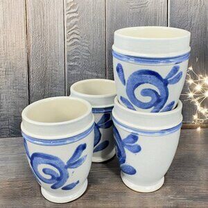 Vintage Handmade German Salt Glaze Stoneware Set 4 Small Cups Gray Blue Glaze
